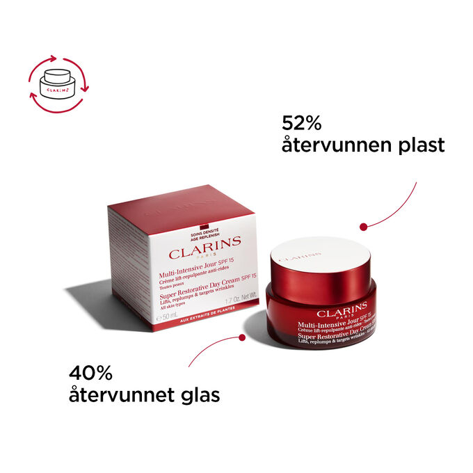 Super-Restorative Day Cream SPF 15, förpackning av återvunnet glas och återvunnen plast